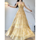 A line Spaghetti Straps Yellow Floral Holiday Dress Birthday Dresses Birthday Outfits SD1308
