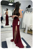 Mermaid Spaghetti Straps Burgundy Sequin Prom Dresses Party Dress SD1316 HZ0628