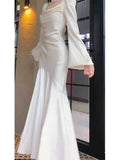 Mermaid Long Sleeves Ankle Length White Prom Dresses Party Dress SD1318 HZ0628