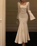 Mermaid Long Sleeves Ankle Length White Prom Dresses Party Dress SD1318 HZ0628