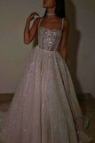 A Line Spaghetti Straps Sequin Silver Long Prom Dresses Party Dress SD1331 HZ0628