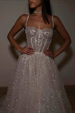 A Line Spaghetti Straps Sequin Silver Long Prom Dresses Party Dress SD1331 HZ0628