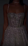 A Line Spaghetti Straps Sequin Silver Long Prom Dresses Party Dress SD1331 HZ0628