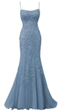 Mermaid Spaghetti Straps Blue Lace Backless Long Prom Dresses Party Dress SD1337 HZ0628