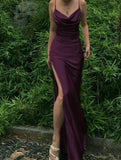 Silk Satin Long Evening Party Dress Prom Dresses with High Slit SD1342 HZ0628