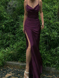 Silk Satin Long Evening Party Dress Prom Dresses with High Slit SD1342 HZ0628