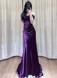 Satin Off Shoulder Long Evening Dress, Purple Satin Prom Dress SD1344