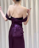Satin Off Shoulder Long Evening Dress, Purple Satin Prom Dress SD1344