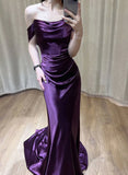 Satin Off Shoulder Long Evening Dress, Purple Satin Prom Dress SD1344
