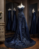 Mermaid Spaghetti Straps Navy Blue Satin Long Prom Dresses Party Dress SD1363 HZ0628