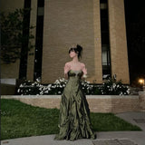 Ball Gown Strapless Satin Olive Green Long Ruffles Prom Dresses Formal Evening Dress SD2381 HZ0628