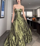 Ball Gown Strapless Satin Olive Green Long Ruffles Prom Dresses Formal Evening Dress SD2381 HZ0628