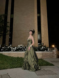 Ball Gown Strapless Satin Olive Green Long Ruffles Prom Dresses Formal Evening Dress SD2381 HZ0628