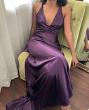 A-Line V Neckline Grape Satin Long Prom Dresses Formal Evening Dress SD1389 HZ0628