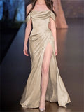 A-Line Off The Shoulder Blue Satin Long Prom Dresses Formal Evening Dress SD1391