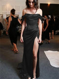 A-Line Off The Shoulder Blue Satin Long Prom Dresses Formal Evening Dress SD1391