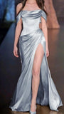 A-Line Off The Shoulder Blue Satin Long Prom Dresses Formal Evening Dress SD1391
