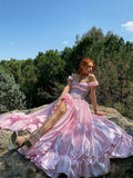 A-Line Off The Shoulder Pink Satin Long Prom Dresses Formal Evening Dress SD1394