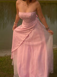 A Line Strapless Pink Chiffon Long Party Dress Prom Dresses SD1397 HZ0628