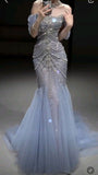 Mermaid Off The Shoulder Blue Tulle Silver Beads Long Prom Dresses Formal Evening Dress SD1399 HZ0628