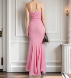 Sheath Spaghetti Straps Pink Chiffon Long Party Dress Prom Dresses SD1400 HZ0628