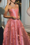 Ball Gown Sweetheart Pink Satin Floral Long Prom Dresses Formal Evening Dress SD1404 HZ0628