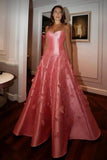 Ball Gown Sweetheart Pink Satin Floral Long Prom Dresses Formal Evening Dress SD1404 HZ0628