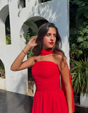 A Line Strapless Red Chiffon Long Prom Dresses Formal Evening Dress SD1405