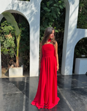 A Line Strapless Red Chiffon Long Prom Dresses Formal Evening Dress SD1405