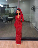 Sheath V Neckline Red Sequin Long Prom Dresses Formal Evening Dress SD1409
