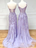 Mermaid Sleeveless Lace Lilac Evening Prom Dresses Long Prom Dresses SD1420 HZ0628