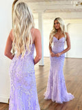 Mermaid Sleeveless Lace Lilac Evening Prom Dresses Long Prom Dresses SD1420 HZ0628