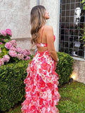 A Line Spaghetti Straps Floral Red Sleeveless Ruffles Evening Prom Dresses SD1421 HZ0628