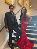 Mermaid Sweetheart Neckline Sequin Black Girl Red Evening Gown Prom Dresses SD1430