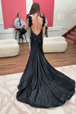 Mermaid Straps Neckline Pink Satin Backless Evening Gown Prom Dresses SD1431
