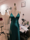 Teal Blue Satin V-neck Formal Prom Party Dress with Slit SD1445 HZ0628