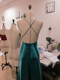 Teal Blue Satin V-neck Formal Prom Party Dress with Slit SD1445 HZ0628