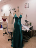 Teal Blue Satin V-neck Formal Prom Party Dress with Slit SD1445 HZ0628