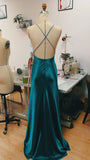 Teal Blue Satin V-neck Formal Prom Party Dress with Slit SD1445 HZ0628