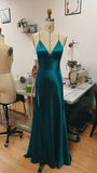 Teal Blue Satin V-neck Formal Prom Party Dress with Slit SD1445 HZ0628