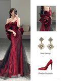 Mermaid Off The Shoulder Burgundy Long Party Dress Sequin Prom Dresses SD1799