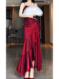 Mermaid Spaghetti Straps Burgundy Party Dress Long Prom Dresses SD1465