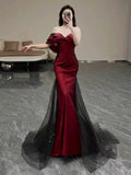 Mermaid Off The Shoulder Burgundy Long Party Dress Satin Prom Dresses SD1467 HZ0628