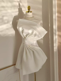 A line Strapless White Travel Vacation Dresses Short Satin Birthday Dress SD146