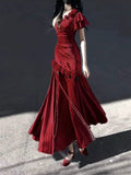 Mermaid One Shoulder Black Satin Party Dress Long Prom Dresses SD1471