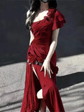 Mermaid One Shoulder Black Satin Party Dress Long Prom Dresses SD1471