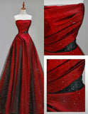 A line Strapless Red Sequin Tulle Long Party Dress Prom Dresses SD1474