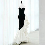 Mermaid Strapless Sequin Black Satin Party Dress Long Prom Dresses SD1476