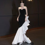 Mermaid Strapless Sequin Black Satin Party Dress Long Prom Dresses SD1476
