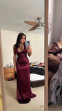 Plunging V- Neckline Long Evening Dress Burgundy Prom Dresses SD1485